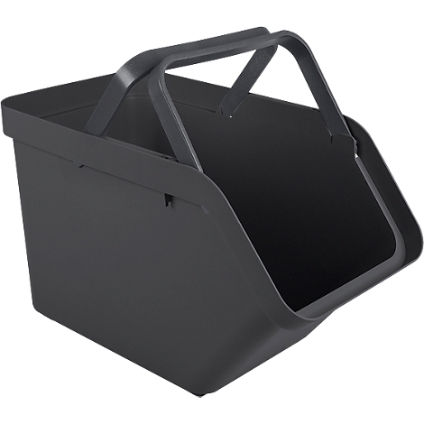 Dark gray storage basket with two handles. It has a rounded front and a rectangular design.