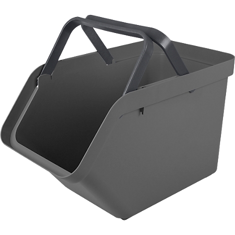 Grey basket with handle, taken at an angle.