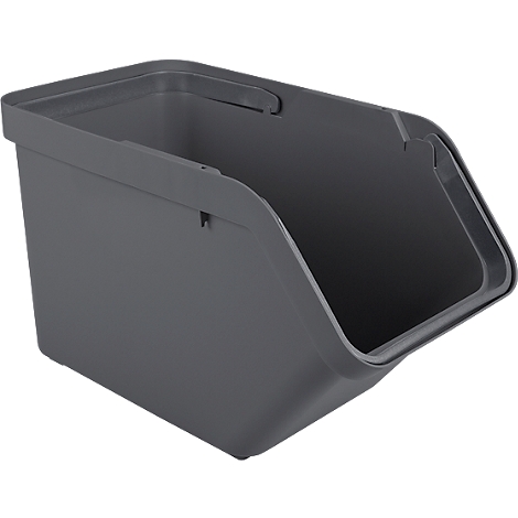 Gray, open plastic storage box with handle. The box is on a white surface.