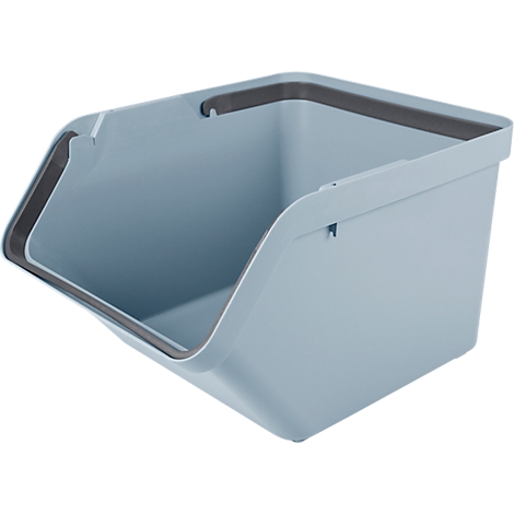 Light blue, stackable storage box with gray edging.