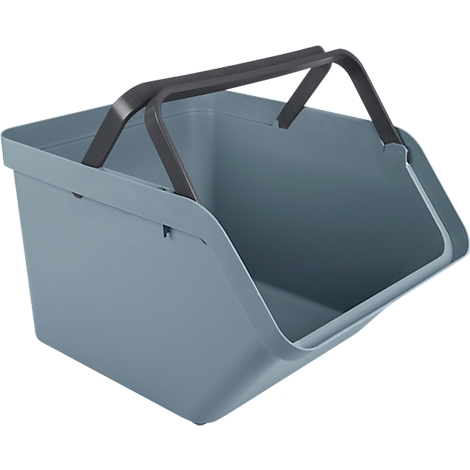 Blue shopping basket with black handles. The basket is rectangular, the handles are curved.