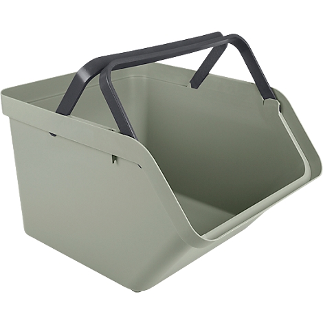 Light green basket with gray handles, side view. The basket has a rectangular shape with rounded edges.