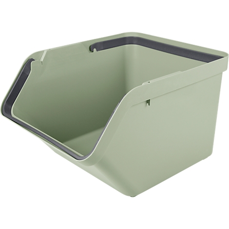 Light green, open stacking basket with gray border. Top edge with recessed grip, diagonal opening.