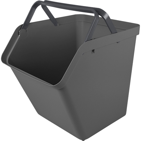 Grey, angular shopping basket with handle. The basket has an open top and a sturdy handle.