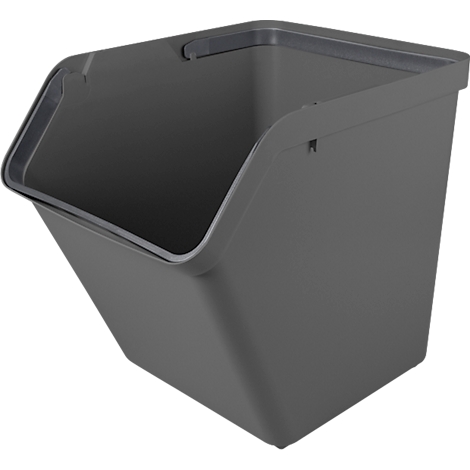 Gray trapezoidal storage box. One side open, with a handle on top.