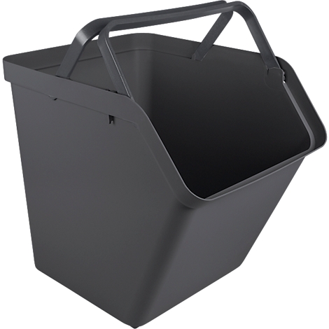 Dark gray basket with handle. The basket is open at the front and has a curved handle.