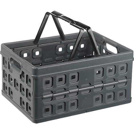 Grey rectangular basket with handle, square cutouts and folding construction.
