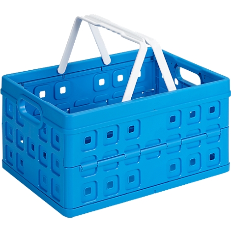 Blue collapsible storage box with white handles. Rectangular shape with square openings.