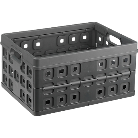 Grey, foldable box with square cutouts and handles.