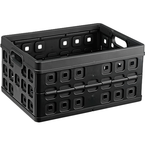 Black folding crate with square cutouts and handles. The crate is partially folded.