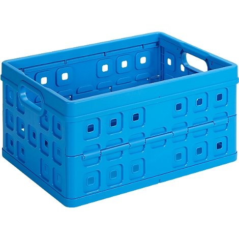 Blue foldable storage basket with square openings and handles.