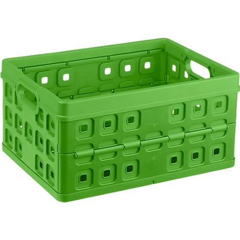 Green, foldable plastic crate with square holes.
