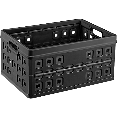 Black, foldable storage box with square openings on the sides and handles.