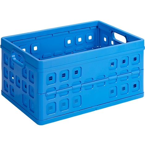 Blue, foldable box, rectangular with square openings and carrying handles.