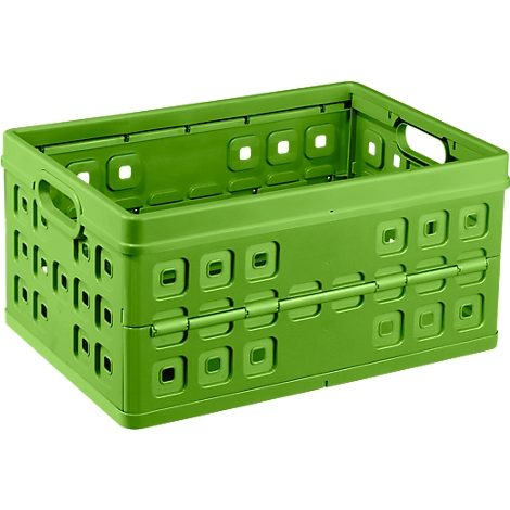 Green, collapsible plastic crate with square openings. Handles and folding mechanism are visible.