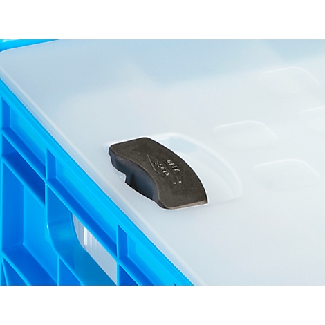 Close-up of a blue transport box with a white lid. A black handle is recessed.