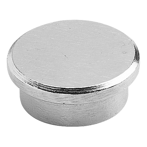 A silver furniture knob, round and flat. The edge is slightly beveled.