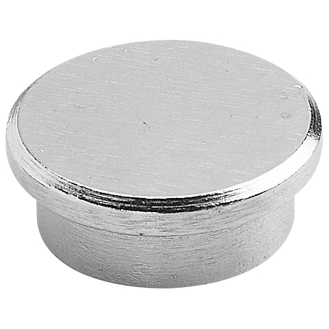 Round, silver furniture knob with a slightly curved surface.