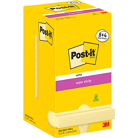 Gele Post-it blok met opdruk. Op de verpakking staat 'Post-it' en 'super sticky'.