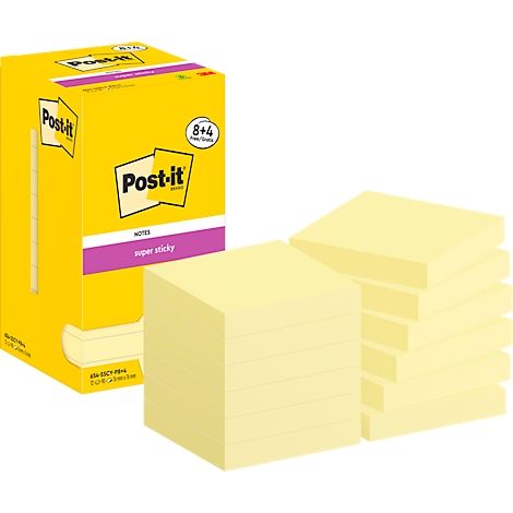 Gele Post-it blaadjes en een doos met logo. 'Super sticky' staat op de verpakking en plaknotities ernaast.
