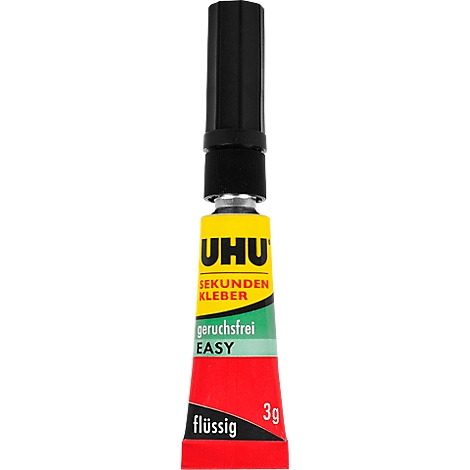 UHU Super Glue bottle in yellow, green and red with a black lid. Inscription: UHU, seconds glue, odorless, EASY, liquid, 3g.