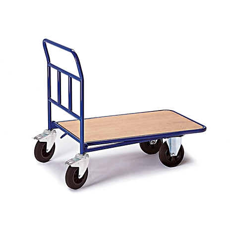 A blue transport cart with wooden top and four wheels, against a white background.
