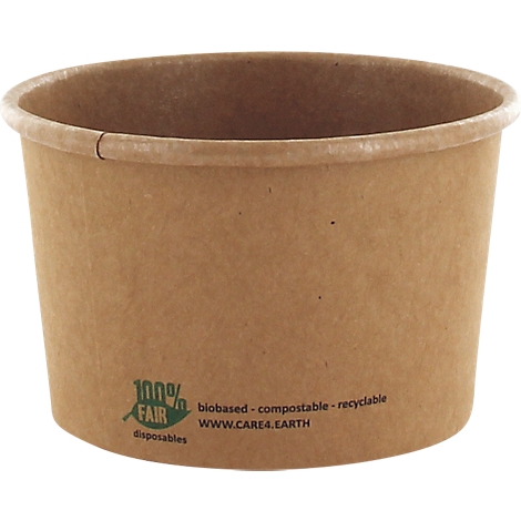 Braune, runde Papierschüssel. Aufschrift: 100% Fair, biobasiert, kompostierbar, recycelbar. WWW.CARE4.EARTH.