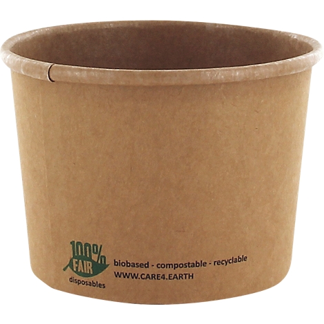 Becher aus braunem Karton. Aufschrift: 100% FAIR, biobasiert, kompostierbar, recycelbar.