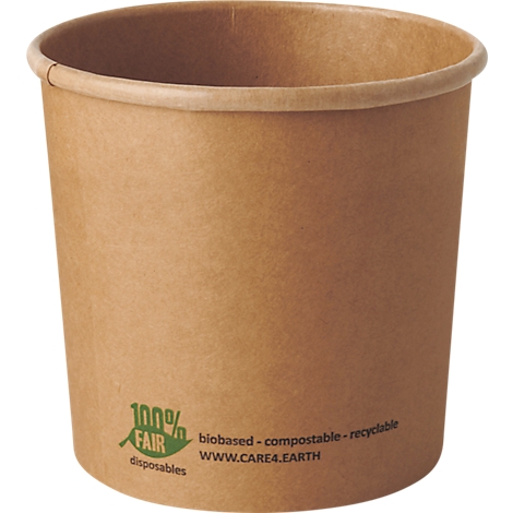 Becher aus braunem Papier, Aufdruck mit '100% FAIR' und weiteren Angaben.