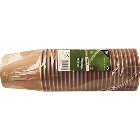 Ein Paket Pappbecher, durchsichtig verpackt. Etikett mit Produktinformationen.