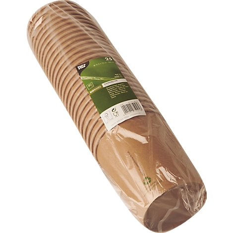 Zylindrisch verpackte Pappbecher. Auf dem Etikett steht 25 Stück.