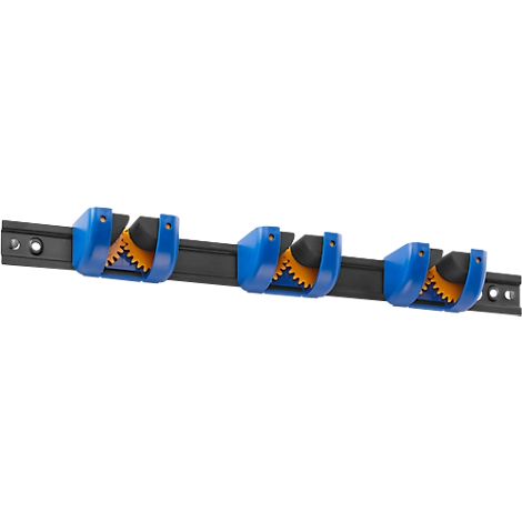 Un rail noir avec trois supports bleus, montrant des engrenages orange.