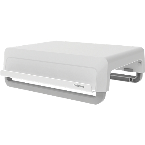 Un support d'écran blanc et gris avec l'inscription Fellowes.