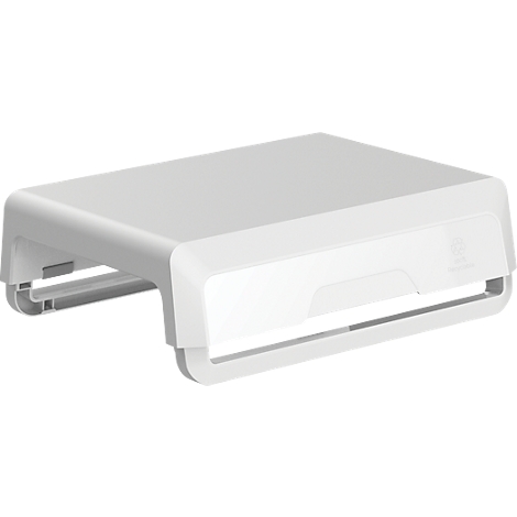 Support de moniteur blanc avec des bords arrondis et deux pieds de support.