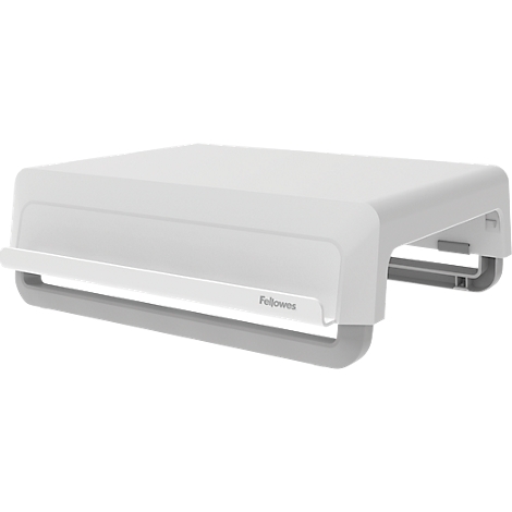 Un support d'écran blanc avec une base grise, la marque 'Fellowes' est visible.
