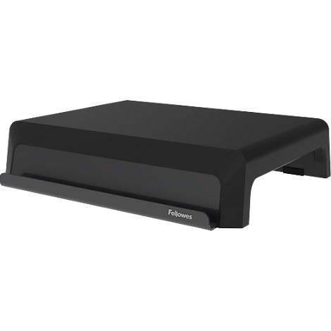 Support d'écran noir, rectangulaire avec des bords arrondis. "Fellowes" est gravé sur le devant.