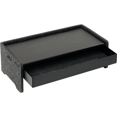 Support de moniteur noir avec tiroir. Le tiroir est ouvert et possède une surface douce grise.