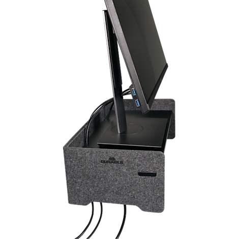 Support d'écran en feutre gris avec écran noir. Les câbles descendent.