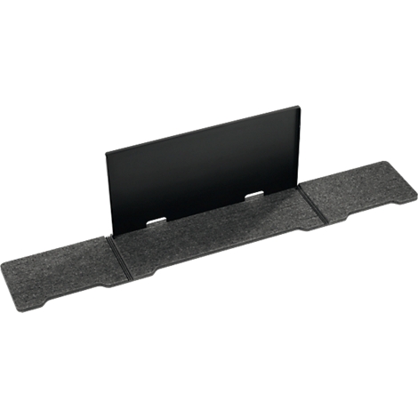 Protection d'écran noir posée sur une base rectangulaire grise.