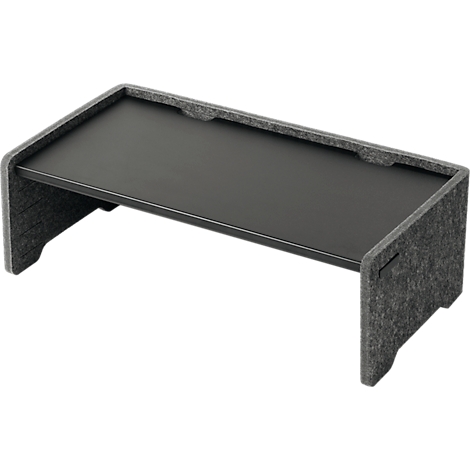 Étagère de bureau grise avec des côtés en feutre et une étagère sombre.