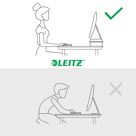 Deux illustrations : postures correctes et incorrectes au bureau. En haut : posture correcte avec une coche. En bas : posture incorrecte avec une croix.