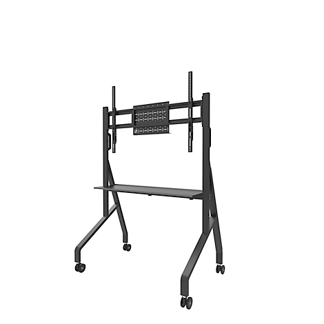 Support TV noir roulant avec support réglable en hauteur et étagère.