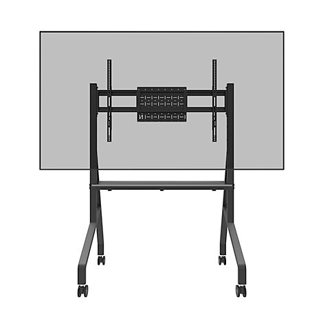Un écran gris sur un support roulant noir. Le support est équipé d'une étagère horizontale et de quatre roulettes.