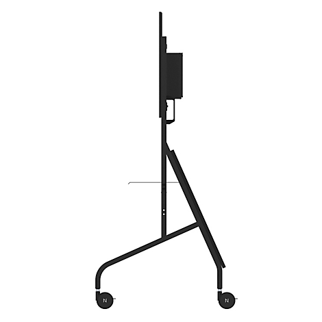 Support TV noir avec roulettes. Il possède un cadre noir avec un support pour le téléviseur et une étagère.