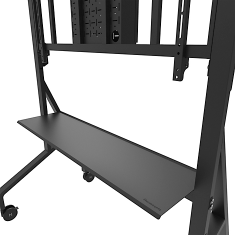 Support de présentation noir sur roulettes. Il comporte un support pour un écran et une étagère.