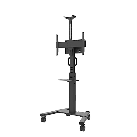 Support TV mobile noir avec roulettes, une étagère et des supports pour un écran.