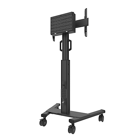 Support TV noir sur roulettes, avec hauteur réglable.