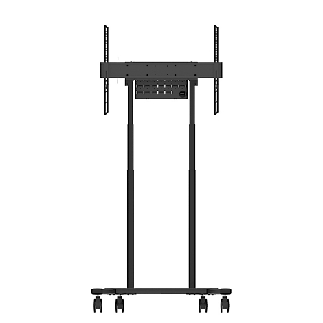 Support de présentation roulant noir avec supports pour un écran.