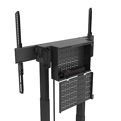 Support TV noir réglable en hauteur avec dos ouvert et supports de montage.