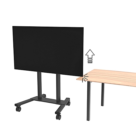 Un écran noir sur un support mobile à côté d'une table. La flèche vers le haut indique le réglage.